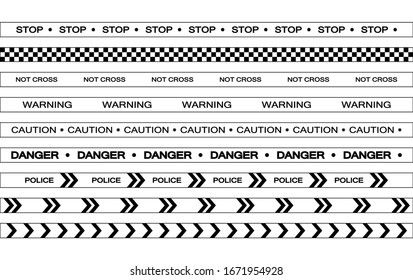 Vector set of restriction tapes, police line, crime scene investigation. Collection of danger caution stripes.