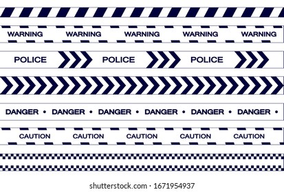 Conjunto de vectores de cintas de restricción, línea policial, investigación del lugar del crimen. Colección de franjas de peligro.