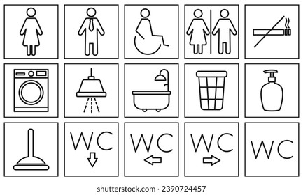Conjunto vectorial de iconos de baño. Iconos para el baño, ducha, no fumadores, lavadora, acceso para minusválidos, WC. Ilustración del vector