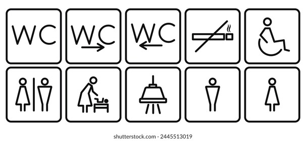 Vector set of restroom linear icons. WC, mother with baby, disabled, shower, no smoking sign. Vector illustration