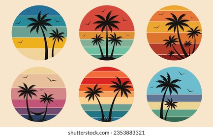 Vector set of retro 80s sunset with pal trees silhouettes.Tropic summer sundown . Vector illustration for design and print