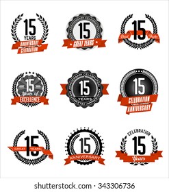 Vector Set of Retro Anniversary Badge Black and Red 15th Years Celebration