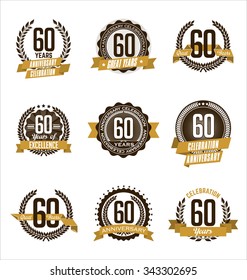 Vector Set of Retro Anniversary Gold Badges 60th Years Celebrating