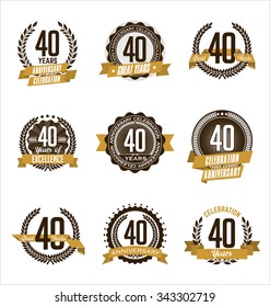 Vector Set of Retro Anniversary Gold Badges 40th Years Celebrating