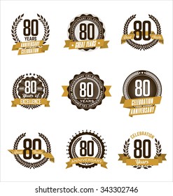 Vector Set of Retro Anniversary Gold Badges 80th Years Celebrating
