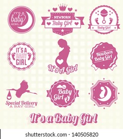 Vector Set: Retro It's A Baby Girl Labels and Icons