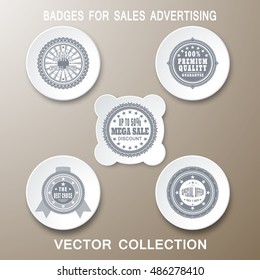 Vector set of retro badges for advertising megasales in gray and white with shadows on gradient brown background.
