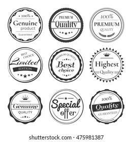 Vector set of retro badges and labels. Vintage design elements with title Genuine product, Premium quality, Best choice, Limited edition, Special offer. Isolated from a background.