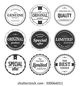 Vector set of retro badges and labels. Vintage classic elements with title Genuine product, Premium quality, Best choice, Limited edition, Special offer, Original product. Isolated from a background.