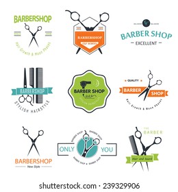 Vector set of retro barber shop labels, logo, badges and design element. 