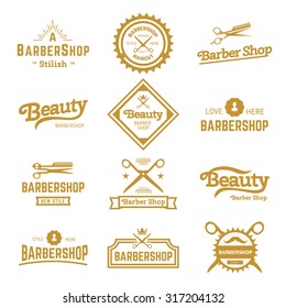  Vector set of retro barber shop labels, logo, badges and design element.