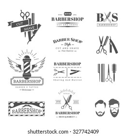  Vector set of retro barber shop labels, logo, badges and design element