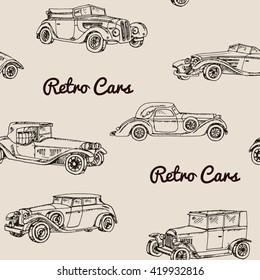 Vector set of retro cars.Vintage autos illustration. Hand drawn pattern