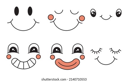 Vector Set Of Retro Cartoon Faces. Isolated Emotions Clipart. Vintage Psychedelic Characters. Outline Illustration Of Comic Expressions