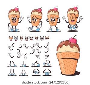 Vector Set Of Retro Cartoon Ice Cream Cone Characters With Different Facial Expressions And Body Parts