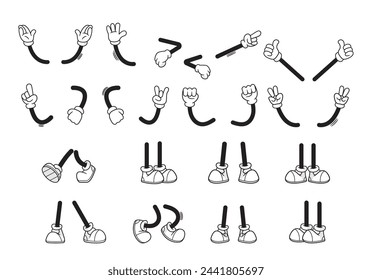 Vector Set of Retro Cartoon Legs in Footwear and gloved Arms Animation Gestures. Feet And Hands Poses