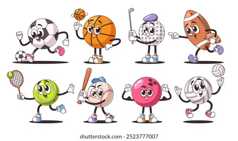 Vector Set Of Retro Cartoon Sports Balls Characters Featuring Fun Animated Faces And Playful Expressions