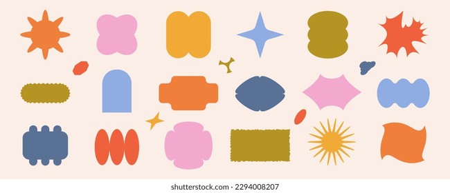 Vector set of retro cartoon stickers, patches, emblems in trendy y2k style. Modern futuristic design elements for social media, label, badge. Abstract cute comic banner background