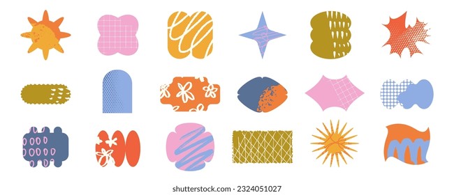 Vector set of retro cartoon stickers, patches, emblems in trendy y2k style. Modern futuristic design elements for social media, label, badge. Abstract cute comic banner background