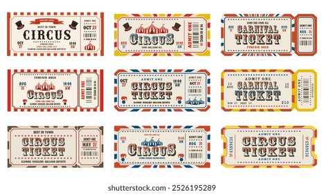 Vector set of retro circus and carnival ticket templates. Admit one. Vector illustration.