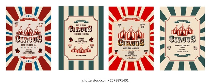 Vector set of retro circus invitation poster templates featuring a tent. Vector illustration.