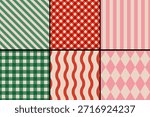 Vector set of retro classic geometric patterns for Christmas and New year. Vintage seamless gingham, plaid and striped patterns for winter holidays.