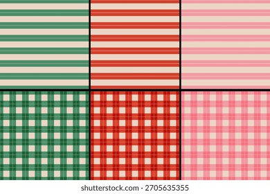 Vector set of retro classic geometric patterns for Christmas and New year. Vintage seamless gingham, plaid and striped patterns for winter holidays.