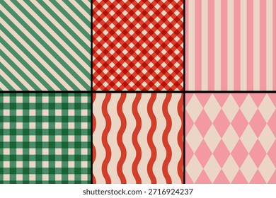 Vector set of retro classic geometric patterns for Christmas and New year. Vintage seamless gingham, plaid and striped patterns for winter holidays.