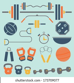 Vector Set: Retro Color Flat Gym and Workout Equipment