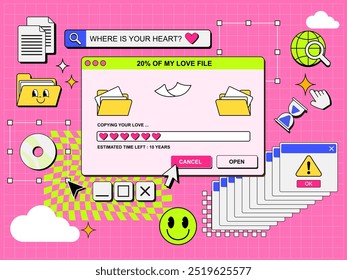 vector set of retro computer interface ui and icon,
vintage and dialog window 90's, download file, element and icon design