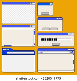 vector set of retro computer interface,
vintage and dialog window 90's, nostalgic os element and icon design, y2k style