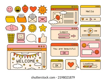 Vector set of retro computer windows and screens. Cute old desktop interface with various icons. 90s and y2k digital aesthetic. Vintage banners, frames, boxes and panels for design