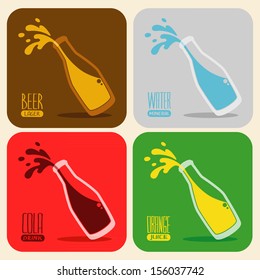 Vector set of retro drinks - splash beer, water, cola, orange juice in a glass bottle