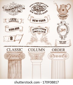 Vector. Set of retro elements: baroque frames, banners, retro labels, classic columns, flag, teapot. 