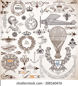 Vector. Set of retro elements: baroque frames, retro labels, transport,  nautical.