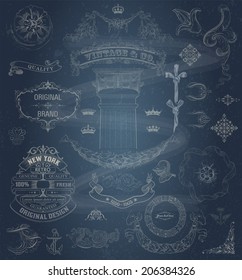 Vector. Set of retro elements: baroque frames, banners, retro labels, classic column. Chalk style