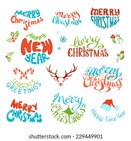 Vector set of retro elements for Christmas designs. Vintage labels and emblems for Christmas and New Year holidays isolated on white background. Hand-written festive lettering.
