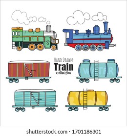 Vector set of retro engines. Collection of vintage trains isolated on white background. Cartoon style illustration of old trains for children