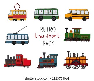 Vector set of retro engines and public transport. Vector illustration of vintage trains, bus, tram, trolleybus isolated on white background. Cartoon style illustration of old means of transport