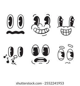 Vector Set Retro Face Expressions, Vintage Comic Smile for logo Set, Eyes Face Cartoon Set Graphic