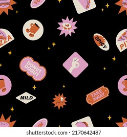 Vector set of retro fast food stickers. Colorful patch badges for junk food cafe. Seamless patterns