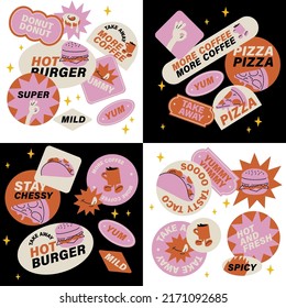 Vector set of retro fast food stickers. Colorful patch badges for junk food cafe