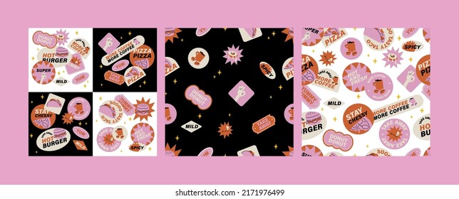 Conjunto de vectores de pegatinas retro de comida rápida. Insignias de parche coloridas para un café de comida chatarra. Patrones sin inconvenientes
