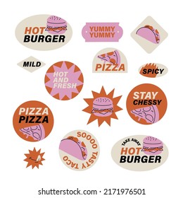 Vector set of retro fast food stickers. Colorful patch badges for junk food cafe