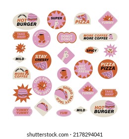 Vector set of retro fast food stickers. Colorful patch badges for junk food cafe