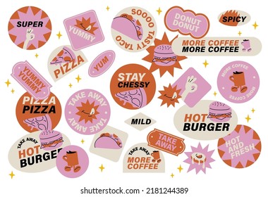 Vector set of retro fast food stickers. Colorful patch badges for junk food cafe