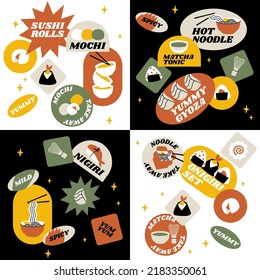 Vector set of retro fast food stickers for Asian cafe. Colorful patch badges with Japanese food