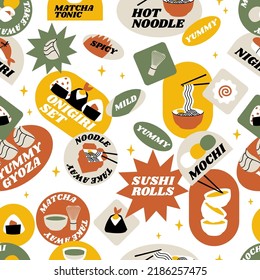 Vector set of retro fast food stickers for Asian cafe. Colorful patch badges with Japanese food. Seamless pattern