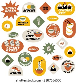 Vector set of retro fast food stickers for Asian cafe. Colorful patch badges with Japanese food