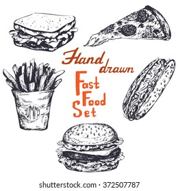 Vector set of Retro Fast Food realistic sketches. Hand drawn illustrations. Burgers, hot dogs, sandwiches, dinners, pizzas, French fries.